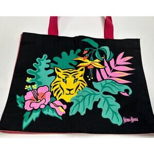 Vtg Neiman Marcus Tote Bag Canvas Logo Graphic Tropical Tiger Hibiscus Retro
